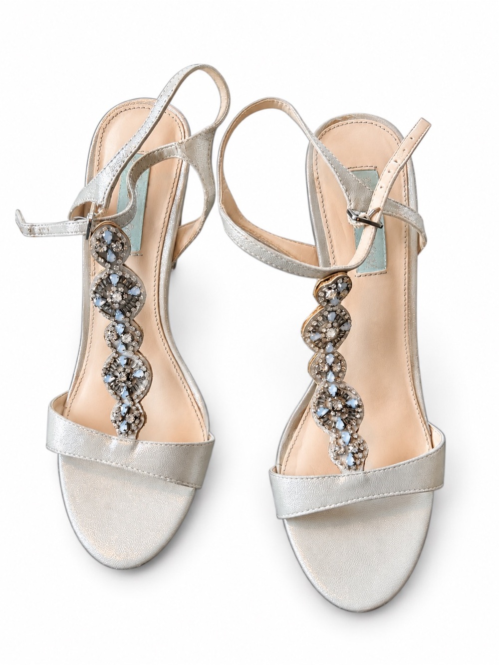 Betsey Johnson Silver Crystal Embellished Ankle-Strap Heels